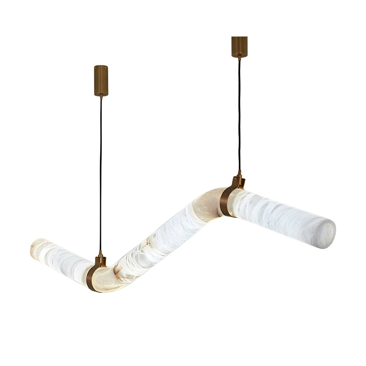 The Zareon LED Large Articulated Alabaster Suspension Light – Soft White features two angled, cylindrical alabaster arms suspended by black cords and gold mounts for a modern sculptural pendant look.