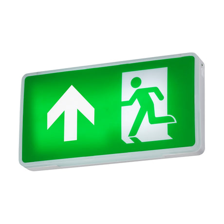 The image showcases the LED Emergency Exit Sign Self-Test 4W, featuring a self-test facility and green emergency illumination. It depicts a figure running toward a doorway, with a prominent white arrow pointing upwards to indicate the exit direction.