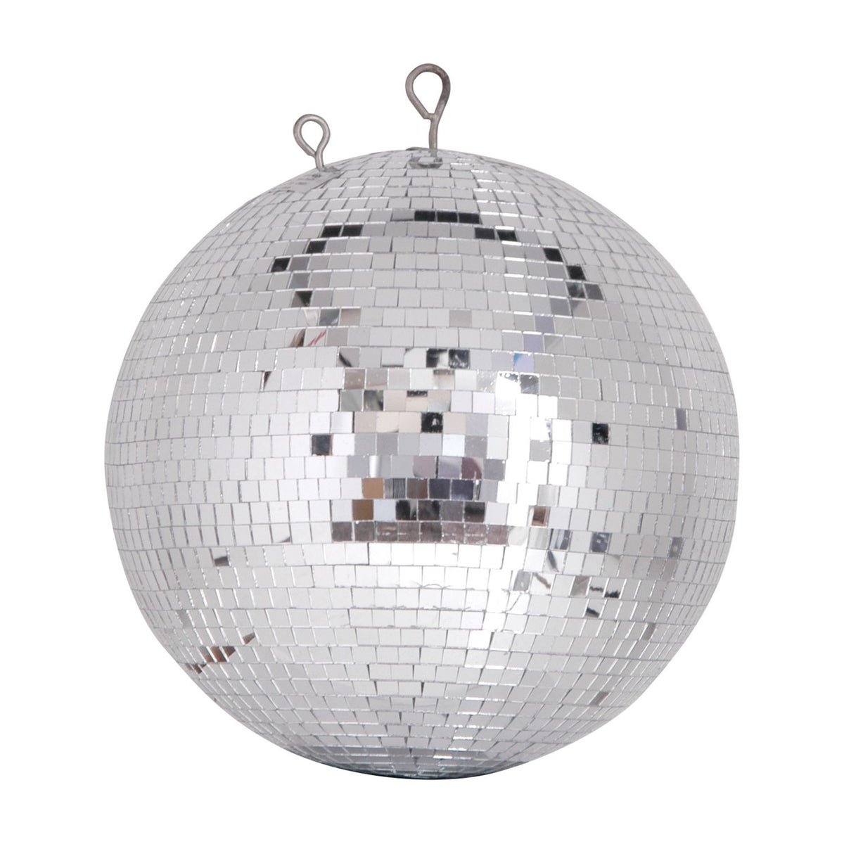 QTX 30cm disco ball with mirrored glass tiles on a spherical polyethylene core and two metal hanging loops on top, shown on a white background.