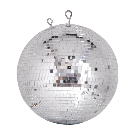 QTX 30cm disco ball with mirrored glass tiles on a spherical polyethylene core and two metal hanging loops on top, shown on a white background.