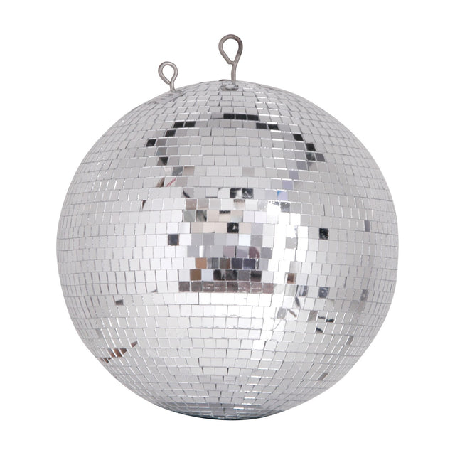 QTX 30cm disco ball with mirrored glass tiles on a spherical polyethylene core and two metal hanging loops on top, shown on a white background.