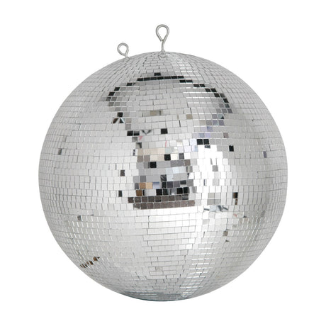 QTX 40cm disco ball by AVSL with 7mm silver mirror tiles over a polyethylene core and two chrome hanging loops, shown on a plain white background.