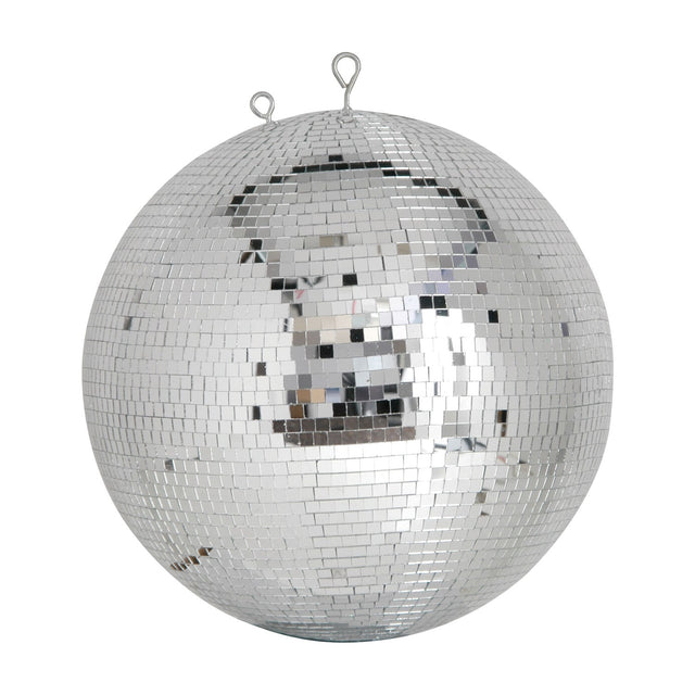 QTX 40cm disco ball by AVSL with 7mm silver mirror tiles over a polyethylene core and two chrome hanging loops, shown on a plain white background.