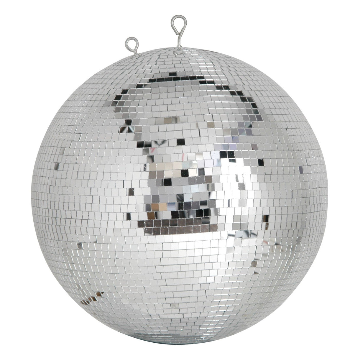 The QTX Polyethylene Disco Ball - 40cm features small reflective square mirrors and dual metal hanging hooks. Perfect for dancefloors, its mirrored surface reflects light and surroundings for a sparkling effect.