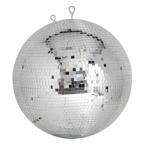 The QTX Polyethylene Disco Ball - 40cm features small reflective square mirrors and dual metal hanging hooks. Perfect for dancefloors, its mirrored surface reflects light and surroundings for a sparkling effect.