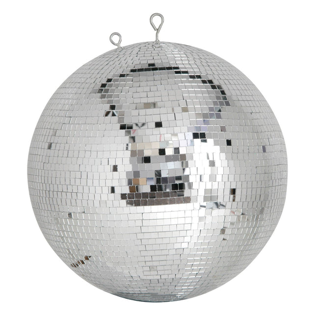 The QTX Polyethylene Disco Ball - 40cm features small reflective square mirrors and dual metal hanging hooks. Perfect for dancefloors, its mirrored surface reflects light and surroundings for a sparkling effect.