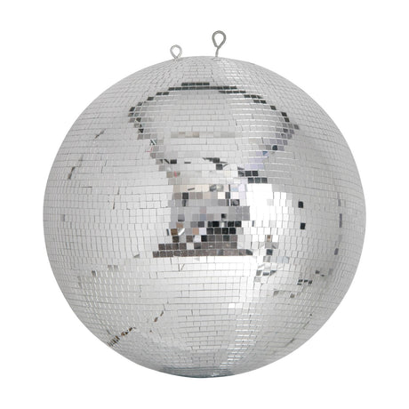 QTX 50cm disco ball with polyethylene core faced in small square mirror tiles and two welded hanging points on top, shown on a white background.