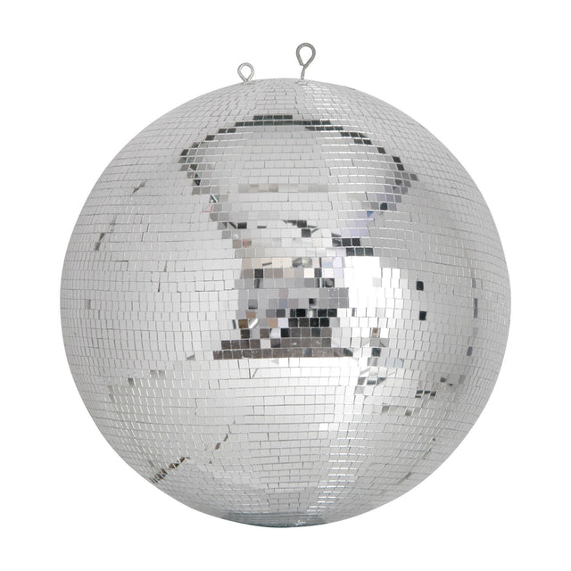 QTX 50cm disco ball with polyethylene core faced in small square mirror tiles and two welded hanging points on top, shown on a white background.