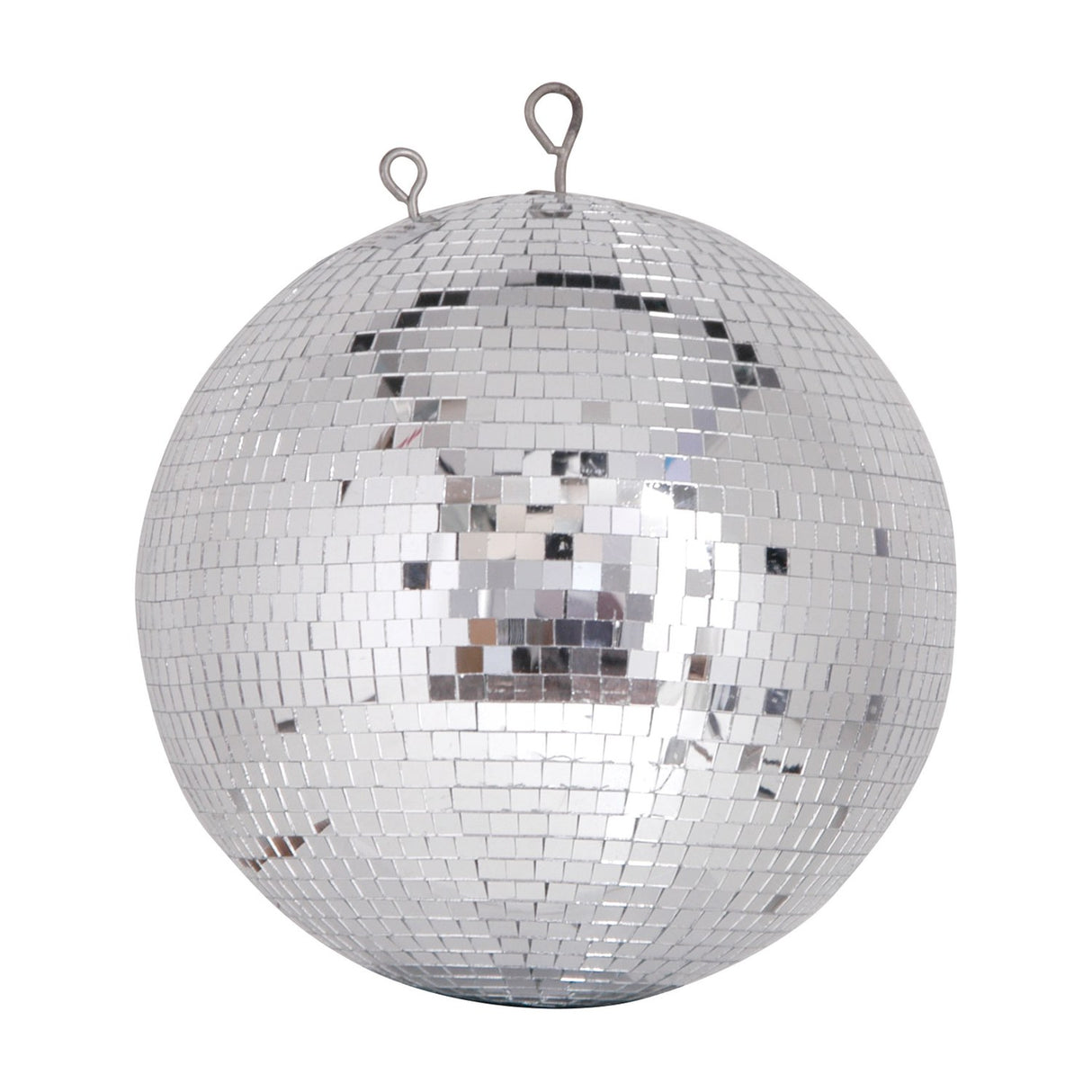 QTX 100cm polyethylene disco ball covered in 7mm silver mirror tiles with dual metal hanging loops, shown on a plain white background.