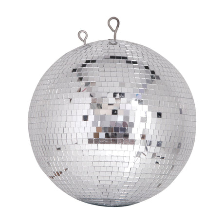 QTX 100cm polyethylene disco ball covered in 7mm silver mirror tiles with dual metal hanging loops, shown on a plain white background.