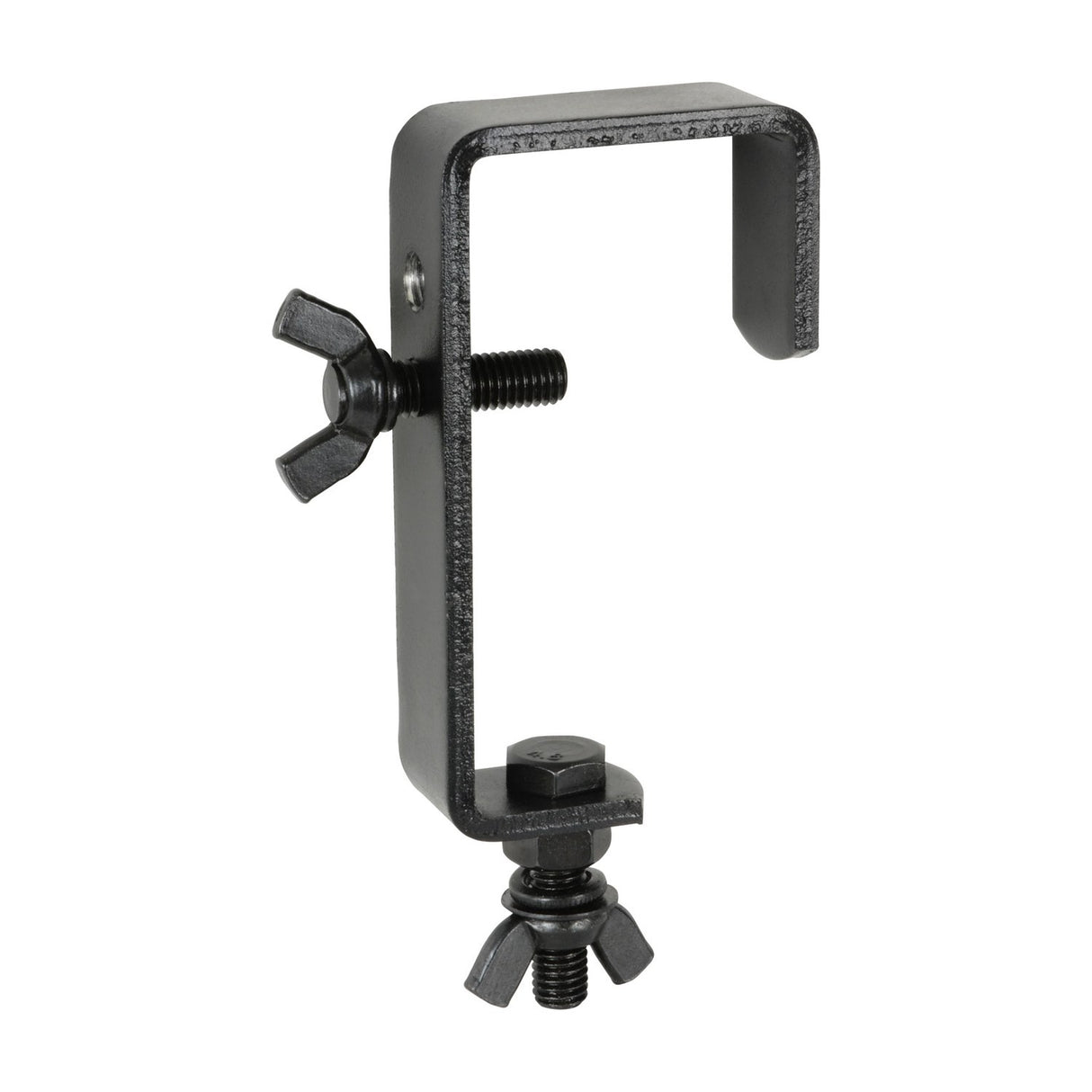 QTX C-shaped steel mounting hook for stage lighting in matt black, with two wing-nut clamps for rigging fixtures to overhead poles, on a white background.