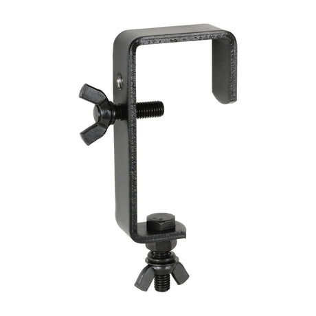 QTX C-shaped steel mounting hook for stage lighting in matt black, with two wing-nut clamps for rigging fixtures to overhead poles, on a white background.