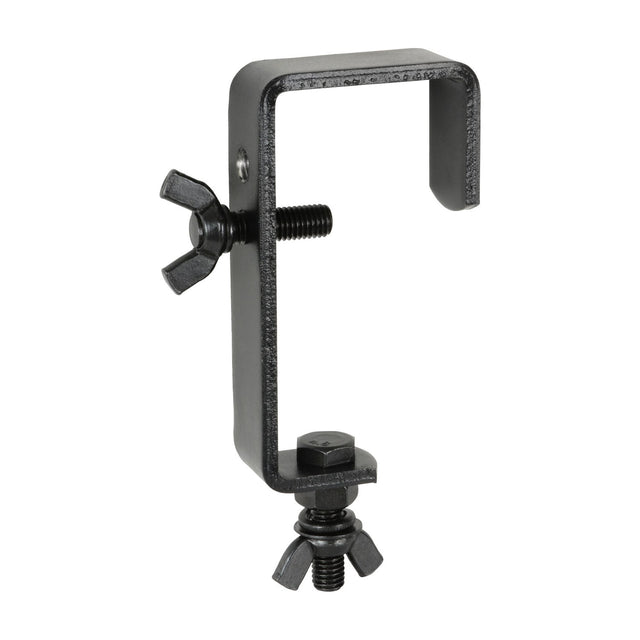QTX C-shaped steel mounting hook for stage lighting in matt black, with two wing-nut clamps for rigging fixtures to overhead poles, on a white background.
