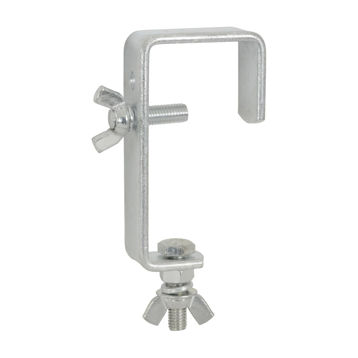 QTX silver galvanised metal stage lighting mounting hook with screw clamp, wing-nut, and lower M10 threaded bolt, shown on a plain white background.