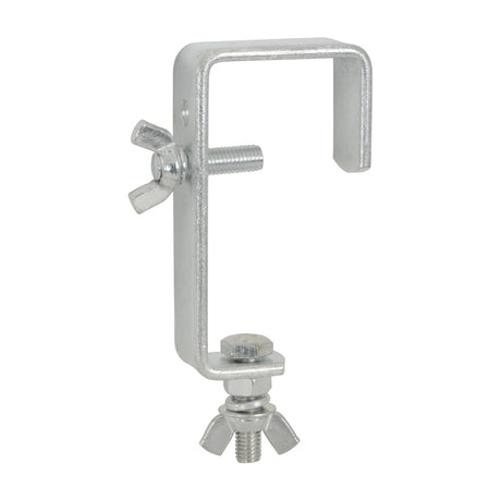 QTX silver galvanised metal stage lighting mounting hook with screw clamp, wing-nut, and lower M10 threaded bolt, shown on a plain white background.