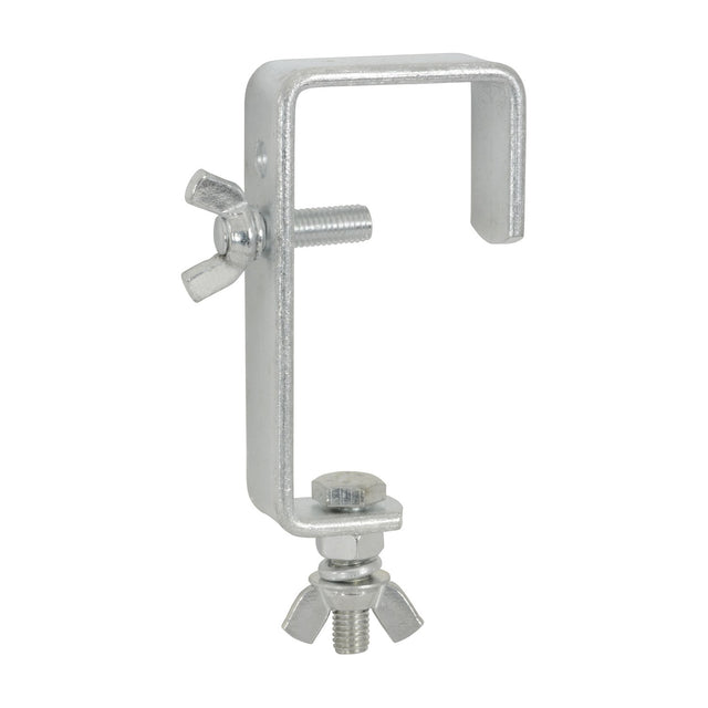 QTX silver galvanised metal stage lighting mounting hook with screw clamp, wing-nut, and lower M10 threaded bolt, shown on a plain white background.