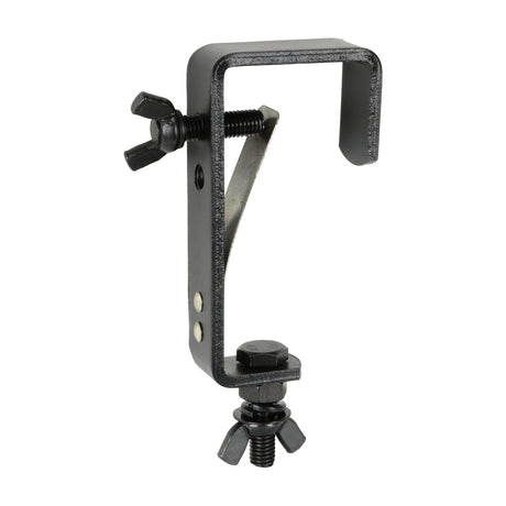 QTX straight mounting hook for stage lighting in black galvanised steel with wing-nut clamp and 50mm pole capacity, shown on a plain background.
