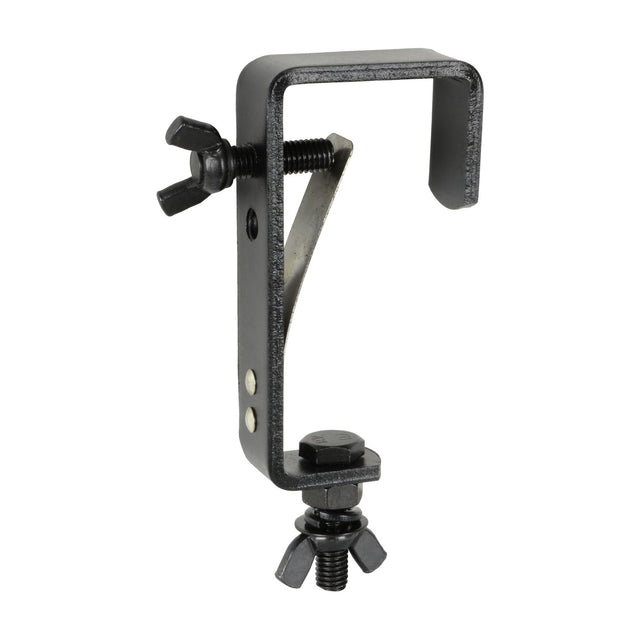 QTX straight mounting hook for stage lighting in black galvanised steel with wing-nut clamp and 50mm pole capacity, shown on a plain background.