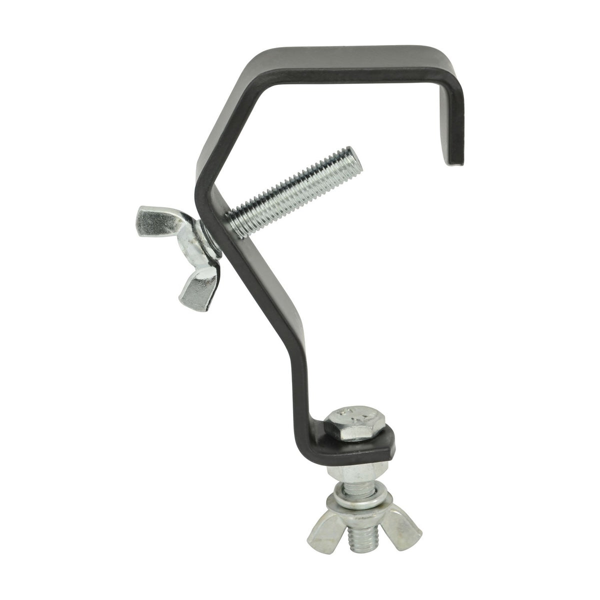 QTX G Shape Mounting Hook in black powder-coated steel with wing-nut screw clamp for stage lighting, shown against a plain white background.