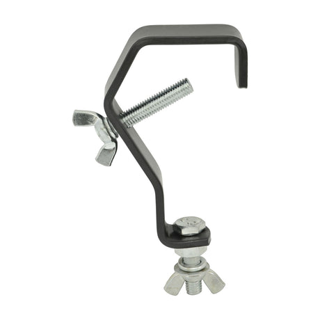 QTX G Shape Mounting Hook in black powder-coated steel with wing-nut screw clamp for stage lighting, shown against a plain white background.