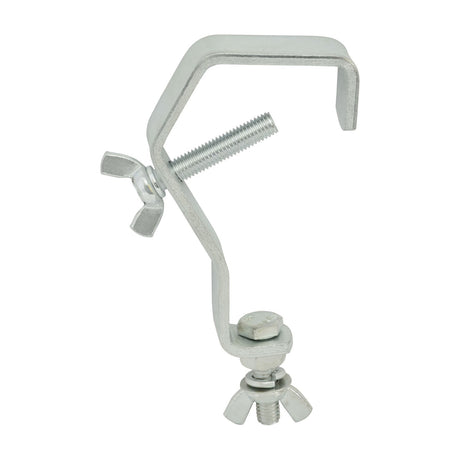 QTX G-shape mounting hook in galvanised silver steel with threaded bolt, wing-nut clamp and hex fixing bolt for stage lighting, on a white background.