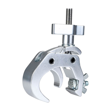 Citronic Fast Fit Clamp in silver by AVSL, an aluminium truss clamp with hooked jaw, M10 threaded bolt, wing nut and washers, on a white background.