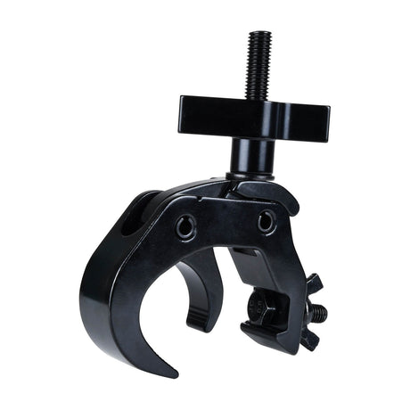 Citronic Fast Fit Clamp in matt black with M10 bolt, wing nut and hooked jaw for truss mounting, shown on a plain white background.