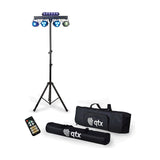 QTX Multi-Bar 5-in-1 RGBW effects lighting bar on telescopic tripod with PARs, ball, laser and UV strobe, shown with remote and two carry bags.