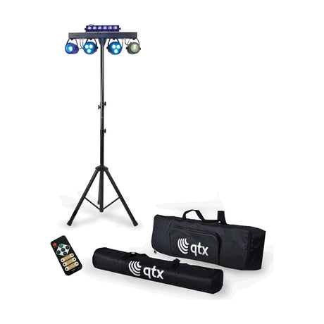 QTX Multi-Bar 5-in-1 RGBW effects lighting bar on telescopic tripod with PARs, ball, laser and UV strobe, shown with remote and two carry bags.