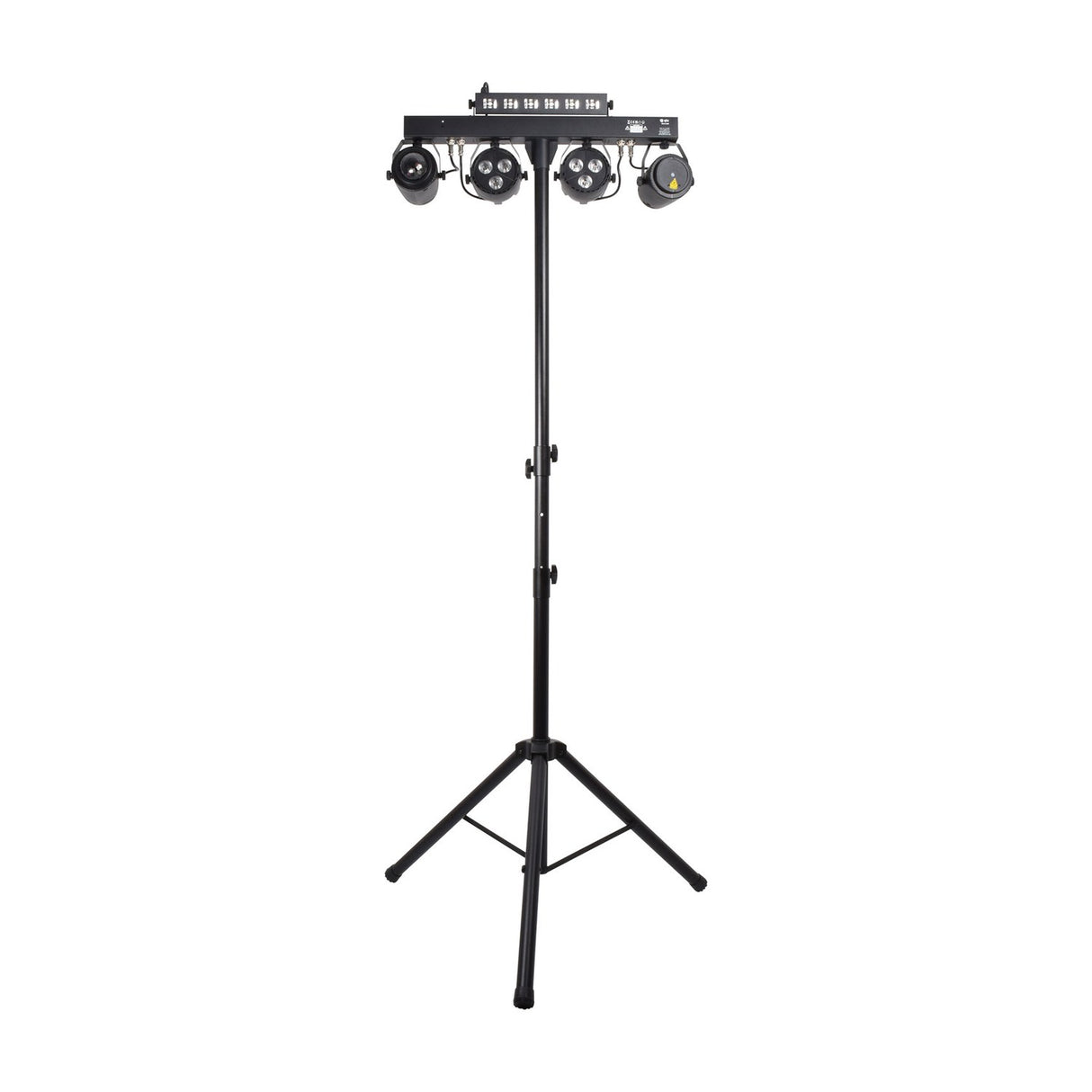 QTX Multi-Bar 5-in-1 RGBW effects lighting bar with two PAR cans, ball effect, laser and UV strobe on a black telescopic tripod, white background.