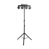 QTX Multi-Bar 5-in-1 RGBW effects lighting bar with two PAR cans, ball effect, laser and UV strobe on a black telescopic tripod, white background.