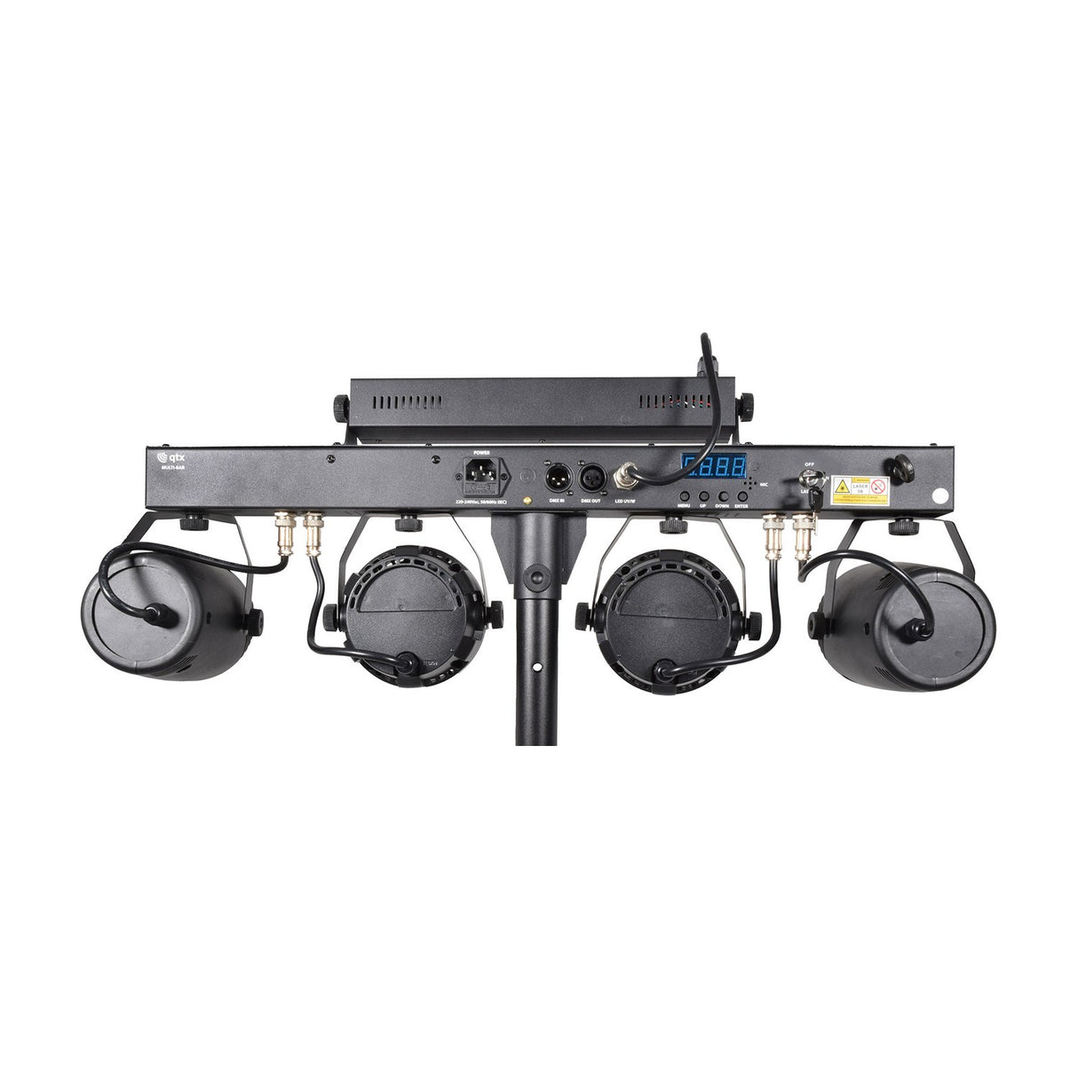 Rear view of QTX Multi-Bar 5-in-1 RGBW effects lighting bar on tripod stand, showing PAR cans, ball effect, UV strobe, DMX ports and IEC inlet.