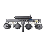 Rear view of QTX Multi-Bar 5-in-1 RGBW effects lighting bar on tripod stand, showing PAR cans, ball effect, UV strobe, DMX ports and IEC inlet.