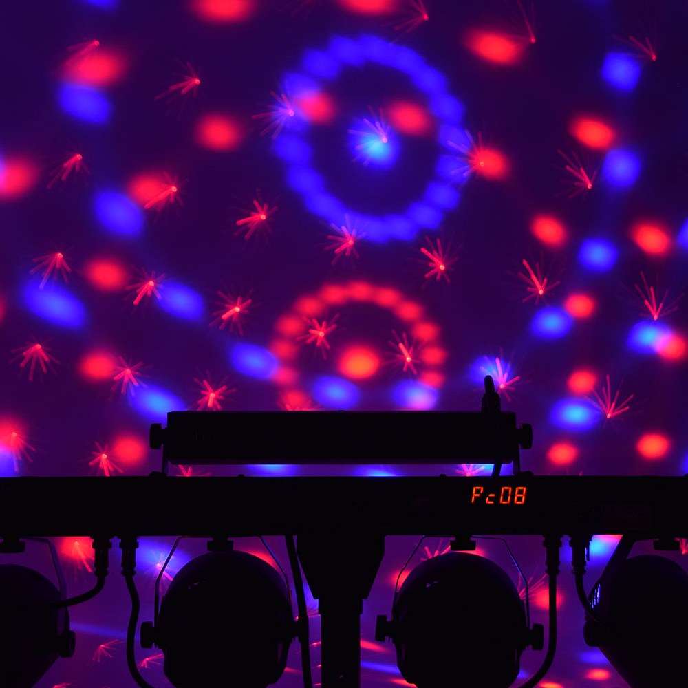 QTX Multi-Bar 5-in-1 RGBW Effects Lighting Bar by AVSL projecting red and blue rotating patterns with LED display reading Pc08 on the rear control panel.