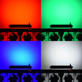 Four-panel view of the QTX Multi-Bar 5-in-1 RGBW effects lighting bar showing red, green, blue and white PAR wash colours from the mounted fixtures.