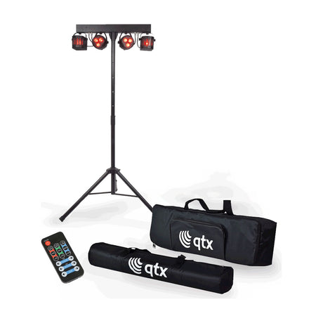 QTX rechargeable LED derby and PAR light set on a black telescopic tripod with four RGBW heads, IR remote and two QTX carry bags.