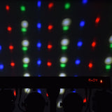 QTX Rechargeable LED Derby and Par Light Set by AVSL projecting red, green, blue and white beams above the T-bar control panel showing An04 display.
