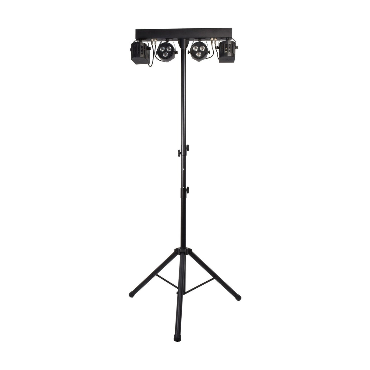 QTX rechargeable LED derby and par light set with two RGBW PARs and two derby effects on a black T-bar, mounted on a telescopic tripod stand.