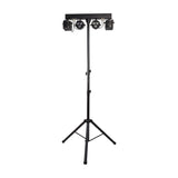 QTX rechargeable LED derby and par light set with two RGBW PARs and two derby effects on a black T-bar, mounted on a telescopic tripod stand.