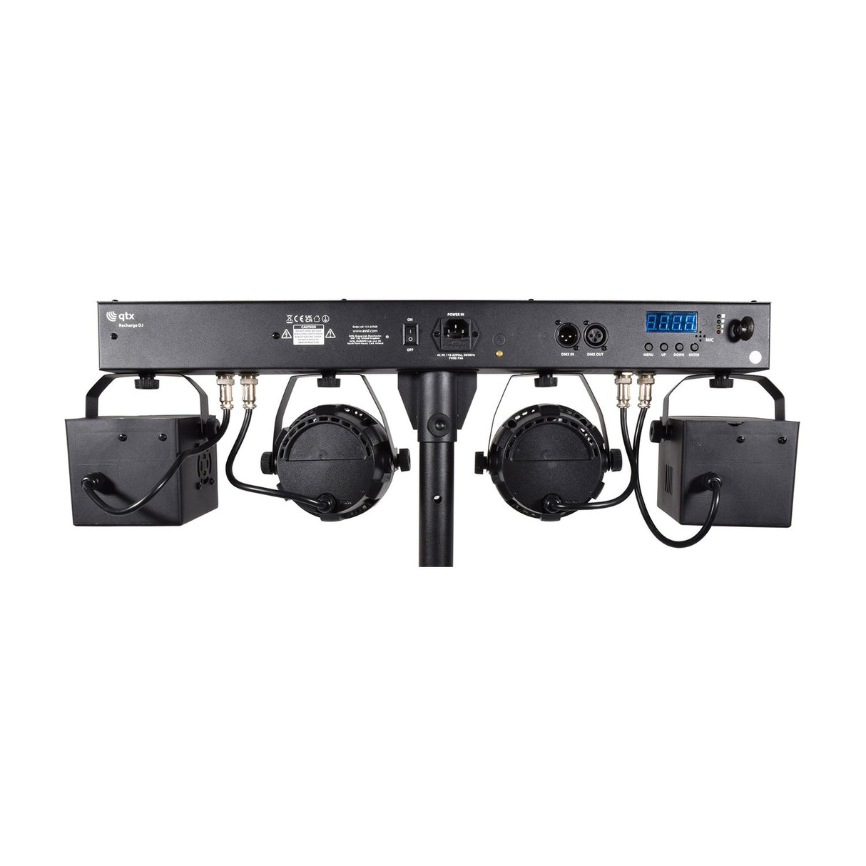 Rear view of QTX Rechargeable LED Derby & Par Light Set on tripod, showing control panel, display, DMX in/out ports and power switch on a white background.