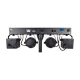 Rear view of QTX Rechargeable LED Derby & Par Light Set on tripod, showing control panel, display, DMX in/out ports and power switch on a white background.