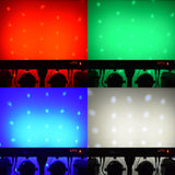 QTX Rechargeable LED Derby and Par Light Set showing red, green, blue and white RGBW colour output projected across a wall with control panel readouts.