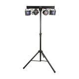 QTX LED Derby Par Can Light with two RGBW PAR cans and two Derby effect units on a black T-bar and telescopic tripod stand, on white.