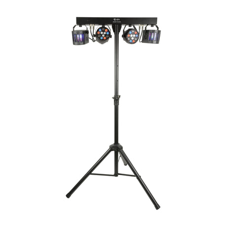 QTX LED Derby Par Can Light with two RGBW PAR cans and two Derby effect units on a black T-bar and telescopic tripod stand, on white.