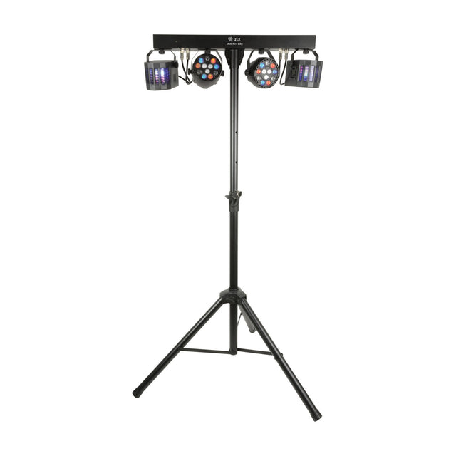 QTX LED Derby Par Can Light with two RGBW PAR cans and two Derby effect units on a black T-bar and telescopic tripod stand, on white.