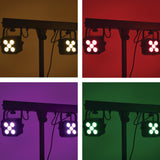 Four-panel view of the AVSL QTX LED Derby Par Can Light on a T-bar, showing the two PAR fixtures lit in warm white, red, purple and green.