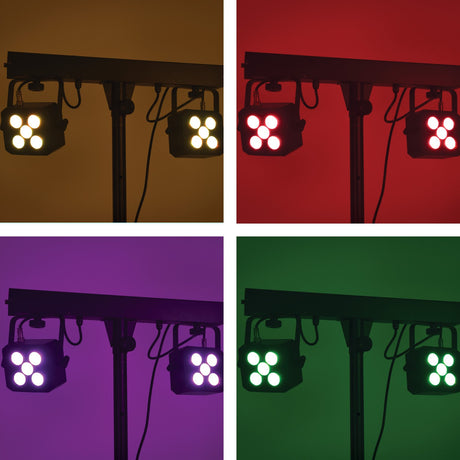 Four-panel view of the AVSL QTX LED Derby Par Can Light on a T-bar, showing the two PAR fixtures lit in warm white, red, purple and green.