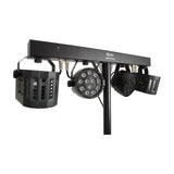 QTX LED Derby Par Can Light bar in black with two RGBW PAR cans and two Derby effect units mounted on a T-bar with tripod stand.