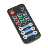 QTX LED Derby Par Can infrared remote handset in black plastic with red power button and colour-coded mode buttons for DMX, mix, PAR and LED control.