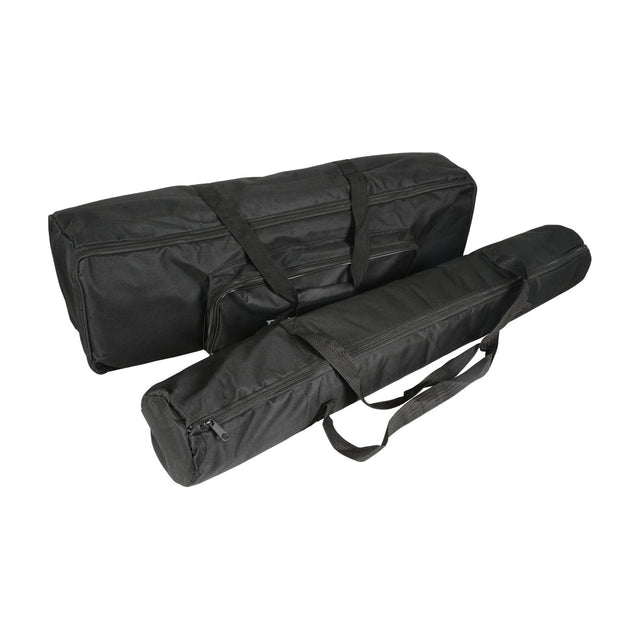 QTX carry bag set for PAR bar and tripod stand by AVSL, showing two black nylon padded bags with zip fasteners and webbing handles.
